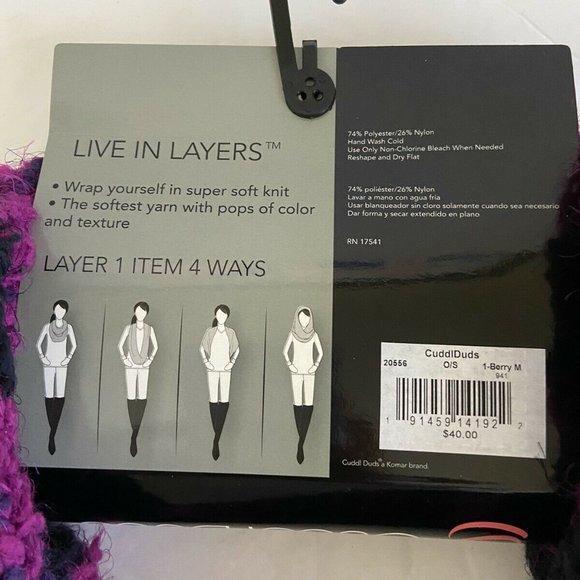 Cuddl Duds Womens Black Purple Pink Soft Striped Infinity Scarf - New with Tags - Picture 4 of 5